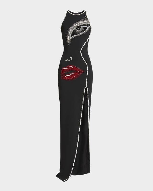 Partial Face Embellished Slit Gown